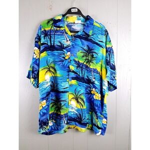 Vintage Hawaiian Shirt Mens Extra Large Blue Palm Trees Water Oversized Bali Art